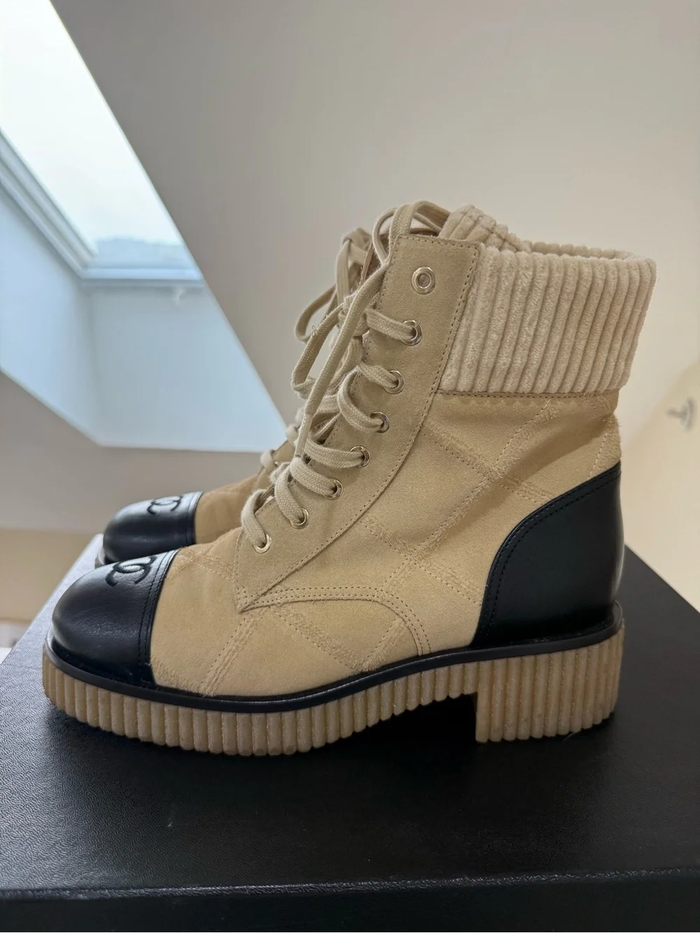 CHANEL Beige Suede and Black Leather Cap-Toe Lace-Up Boots